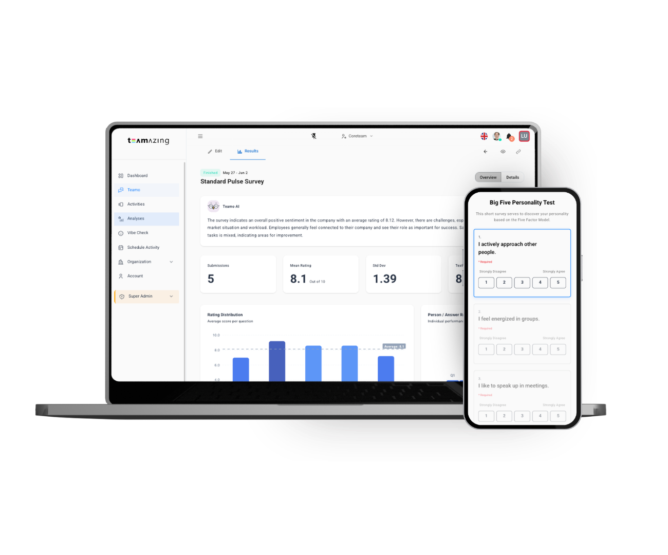 Teamo Analyse-Plattform mit Umfrageergebnissen auf Laptop und Mobilgerät