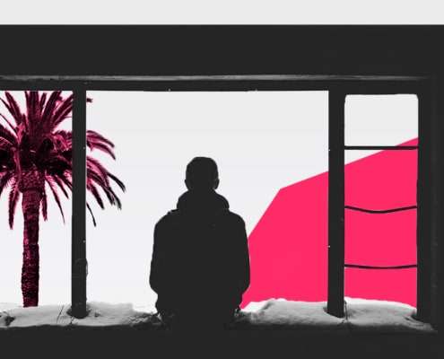 Illustration mit Person im Fenster. Blick auf Palmen
