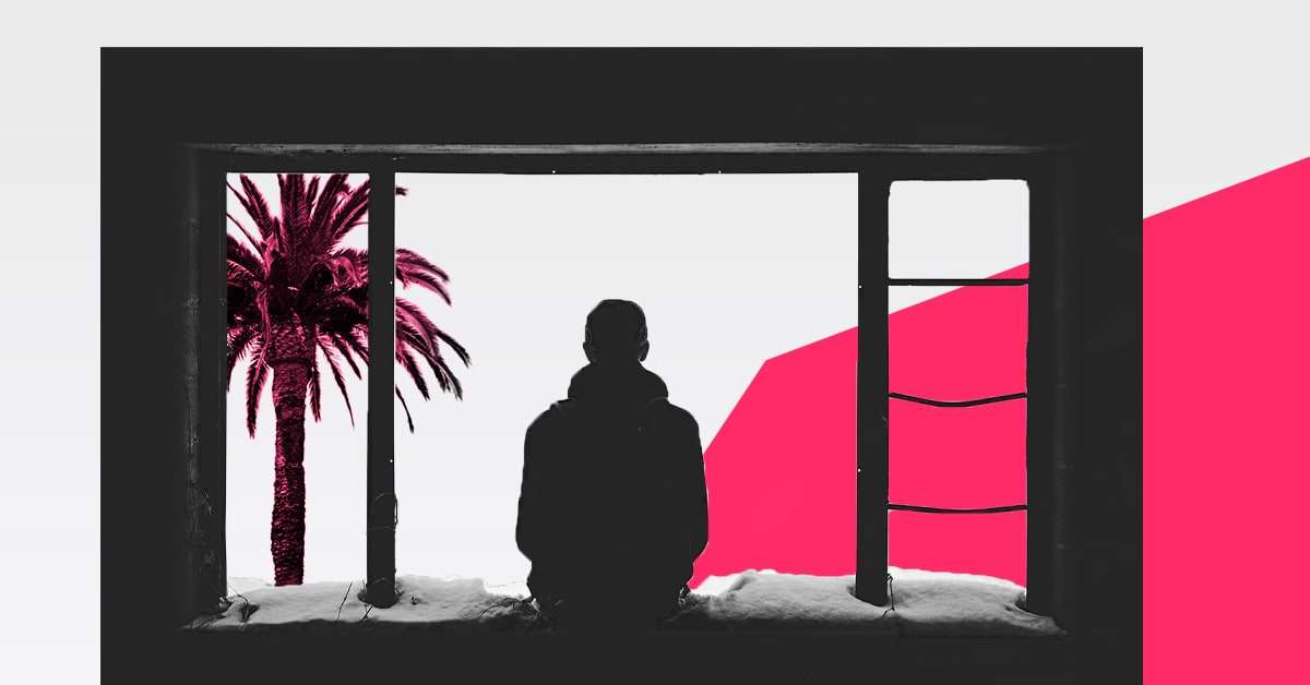 Illustration mit Person im Fenster. Blick auf Palmen
